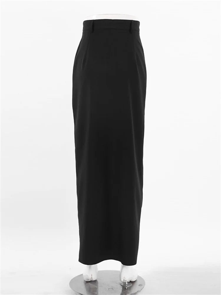 Black Long Skirt For Women Casual Streetwear High Waist Slim Bodycon Skirts Split Out Ladies Basic Straight Maxi Skirt