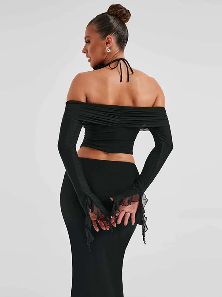 Flower Bodycon Skirt Sets Women Slim Sexy Backless Lace Up Tops Women’s Party Elegant Dress 2 Piece Womens Suits Outfits