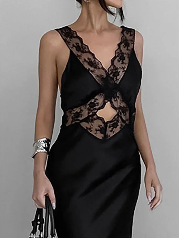 Lace Slim Maxi Dresses For Women Clothing Deep V Neck Sexy High Wasit Long Dress Party Fashion Evening Dress Woman 2025