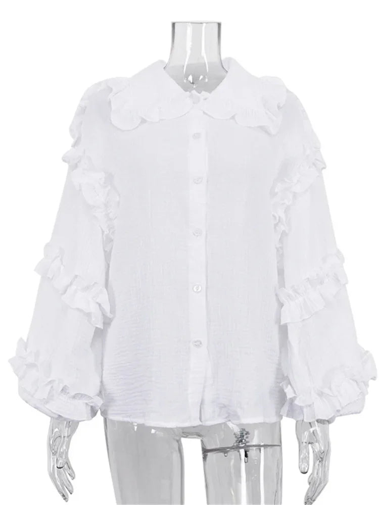 Ruffle Loose Women Shirts 2025 Cotton Long Sleeve Elegant White Tshirt Ladies Street Casual Holiday Baggy Cover Up Female