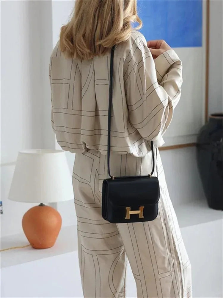 Casual Patchwork Printed 2 Piece-Set For Women Trousers Fashion Lapel Shirts Nightwear Slim High Waist Women’s Pants Sets