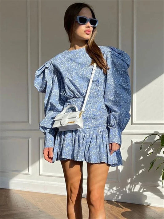 Casual Printed Long Sleeve Pleated Skirts For Women Patchwork Elegant Party Fashion Dress Pleated Slim Y2k Mini Dress 2025