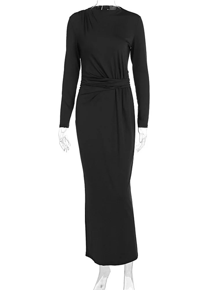 Fashion Autumn Pleated Long Dress Female High Waist Slim Bandage Solid Elegant Commute Clothes Ladies Y2k Maxi Dress
