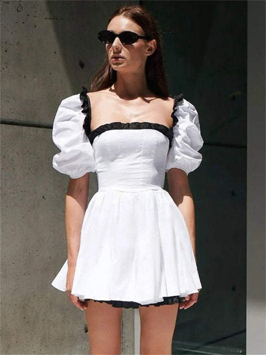 Female Contrast Patchwork MIni Dress Short Sleeve Slim Fashion High Street Holiday Dress Party Gown Ruffled Women Dress