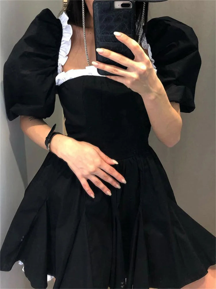 Female Contrast Patchwork MIni Dress Short Sleeve Slim Fashion High Street Holiday Dress Party Gown Ruffled Women Dress