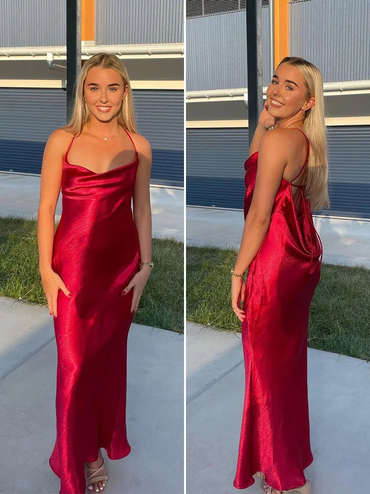 Female Elegant Party Dress Fashion Slim Luxury Hot Backless Halter Dresses Outfits Satin For Women Gown Maxi Dress Evening