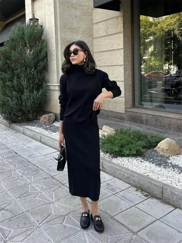 Knitted 2 Piece Outfit Set Casual Long Sleeve Sweater Top And Pencil Long Skirts Elegant Autumn Two Piece Sweater Sets