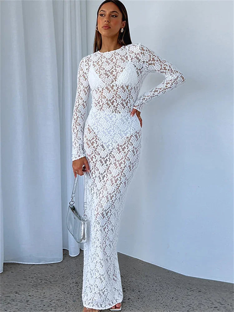 Lace See-Through Printed Long Dress Female Hollow Out Slim High Waist Solid Dress Sexy Club Clothes Ladies Maxi Dress 2025