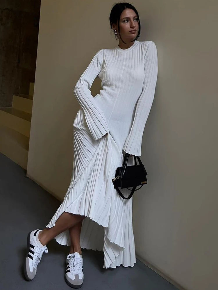 Lace-Up Female Knit Maxi Dress – Autumn High Waist Fashion Patchwork Long Sleeve Solid Bandage Knitwear Dress