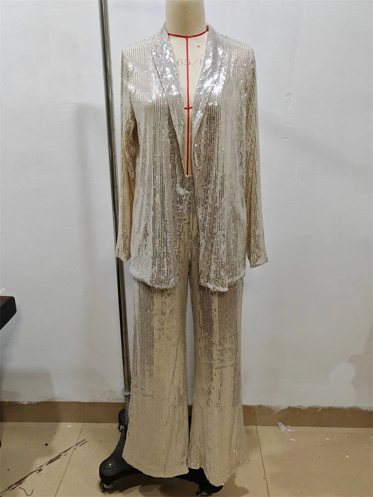 Sequin Fashion 2 Piece-Set Women Straight Leg Slim Glitter Patchwork Suit Outwear and Pants Sets