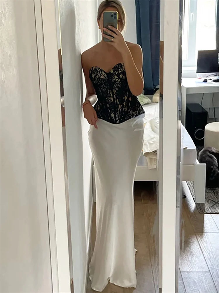 Summer Satin High Waist Long Skirt – Female Slim Patchwork Maxi Skirt