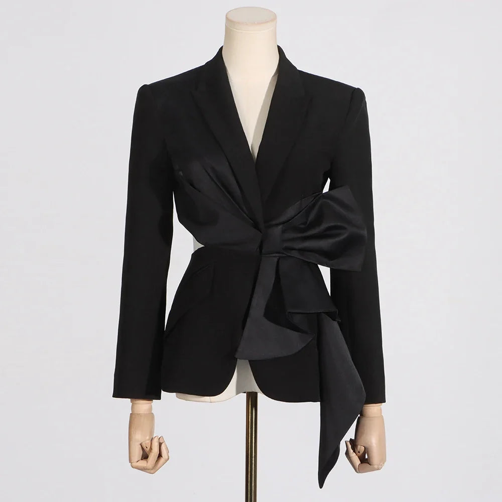 Temperament Black Notched Collar Long Sleeve Spliced Diamonds Slimming Blazer