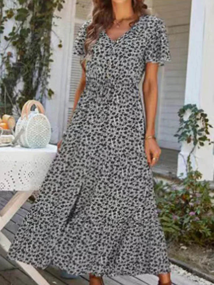 Ditsy Floral Print V-Neck Button Front Drawstring Waist Slit Maxi Dress