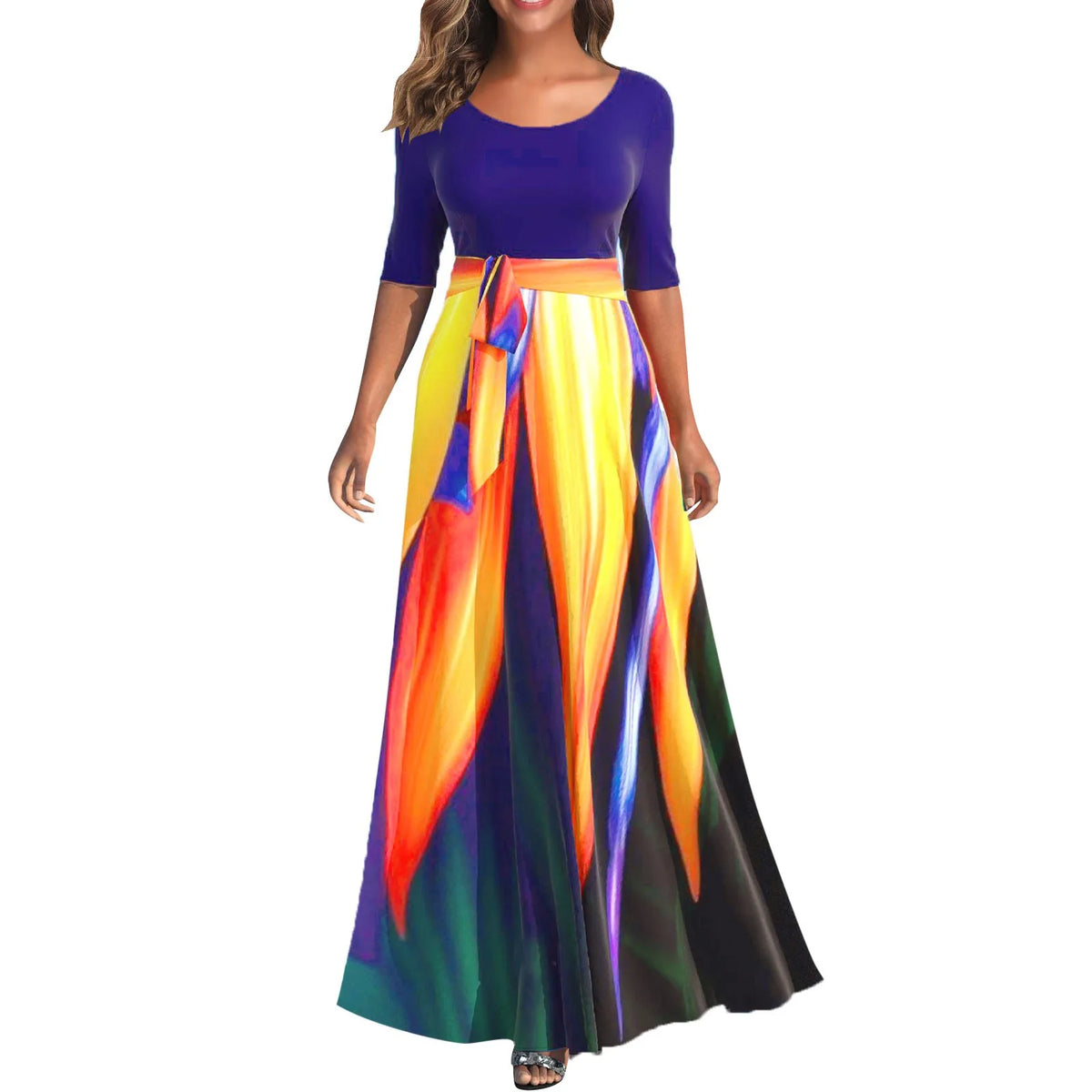 Vertical Stripe Color Block Tie Waist 3/4 Sleeve Maxi Dress