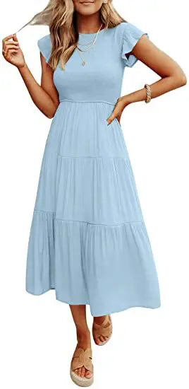 Flutter Sleeve Round Neck Tiered Swing Midi Dress