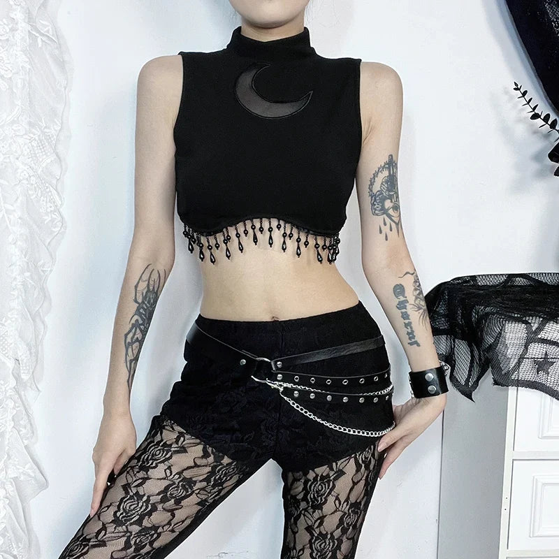 Vintage Goth Moon Lace See Through Sleeveless Crop Top
