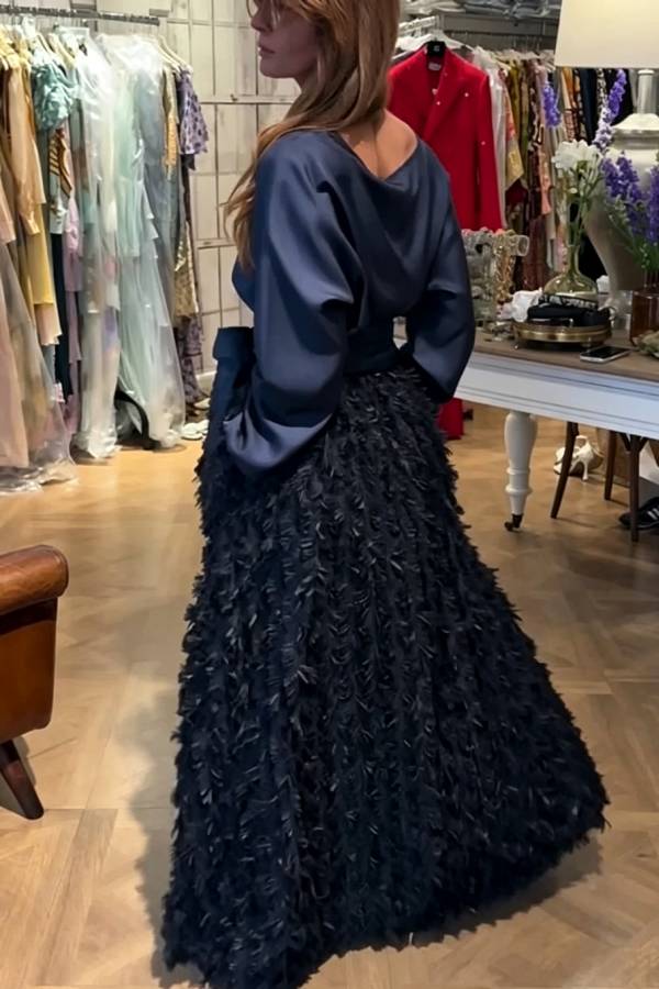 Elegant Diary Satin Boat Neck Long Sleeve Tie-up Waist Blouse