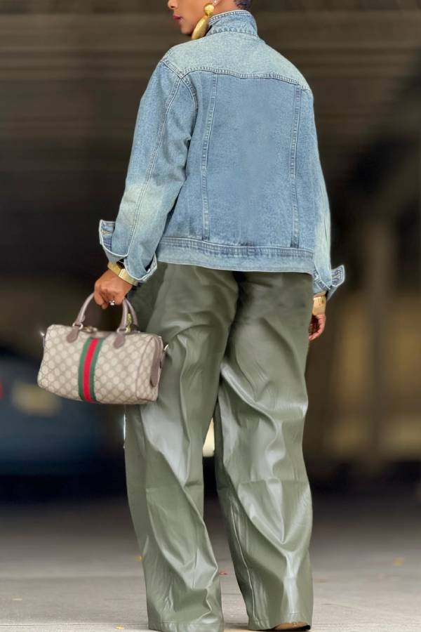 Asymmetric Button Stand Collar Loose Denim Jacket