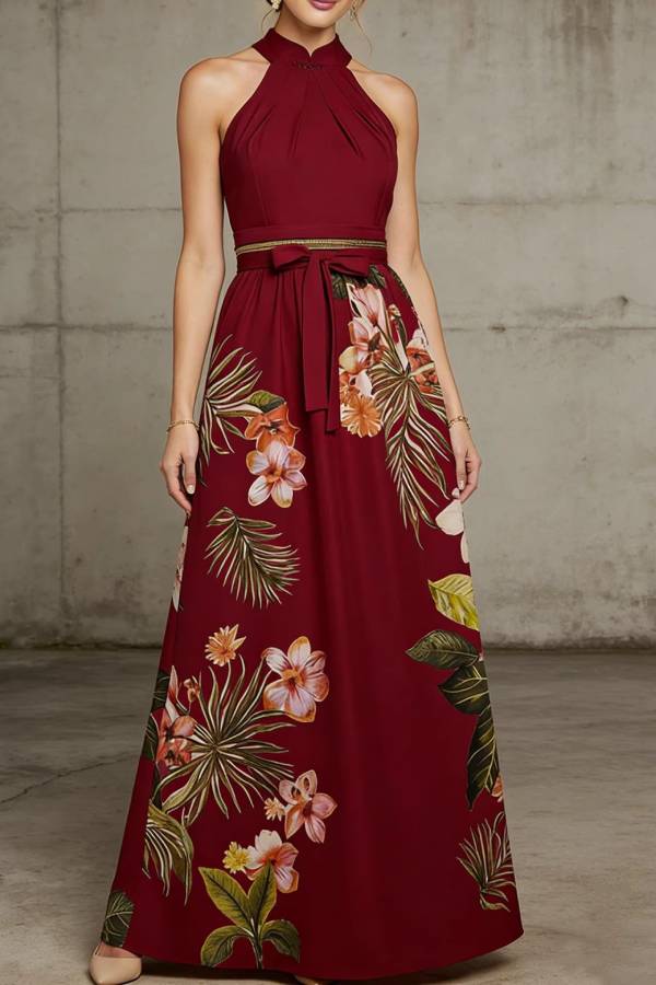 New Chinese Halter Frog Button Tropical Floral Maxi Evening Dress