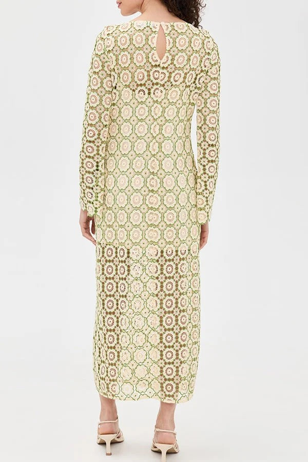 Summer Fashion Floral Crochet Cutout Fabric Long Sleeve Slit Vacation Midi Dress