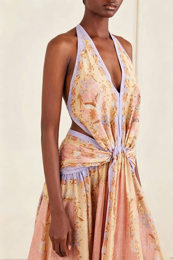 Chapel Linen Blend Floral Print Cutout Tie-up Waist Pocket Halter Backless Maxi Dress