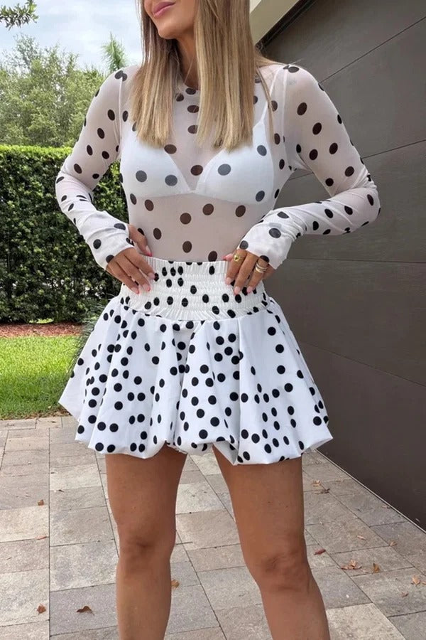 Sequoia Polka Dot Stretch Mesh Long Sleeve Bodysuit and Elastic Waist Puff Mini Skirt Set