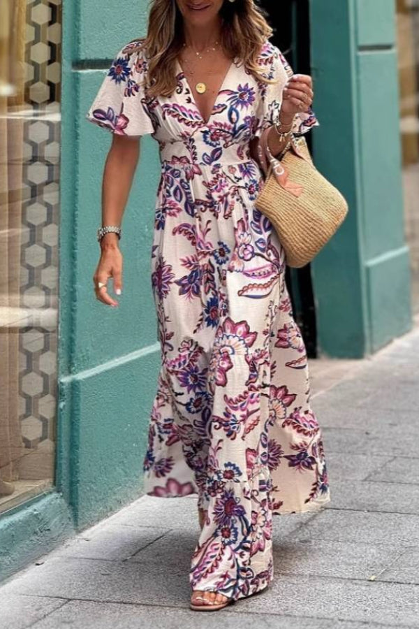 Pink and Purple Floral Print V-Neck Puff Sleeve Waist-Defining A-Line Cotton Linen Maxi Dress