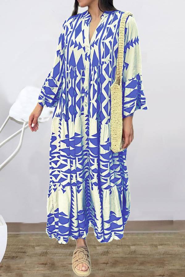 Geometric Tribal Print V Neck Gathered Tiered Maxi Vacation Dress