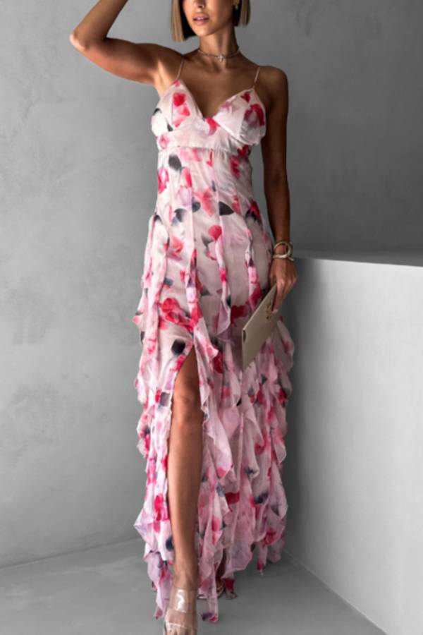 Spaghetti Strap Floral Print Tiered Slit Maxi Dress