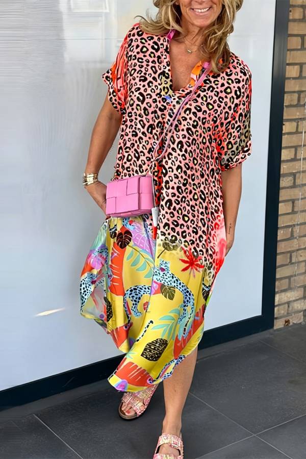 Gradient Leopard Print Tropical Floral Loose Dress