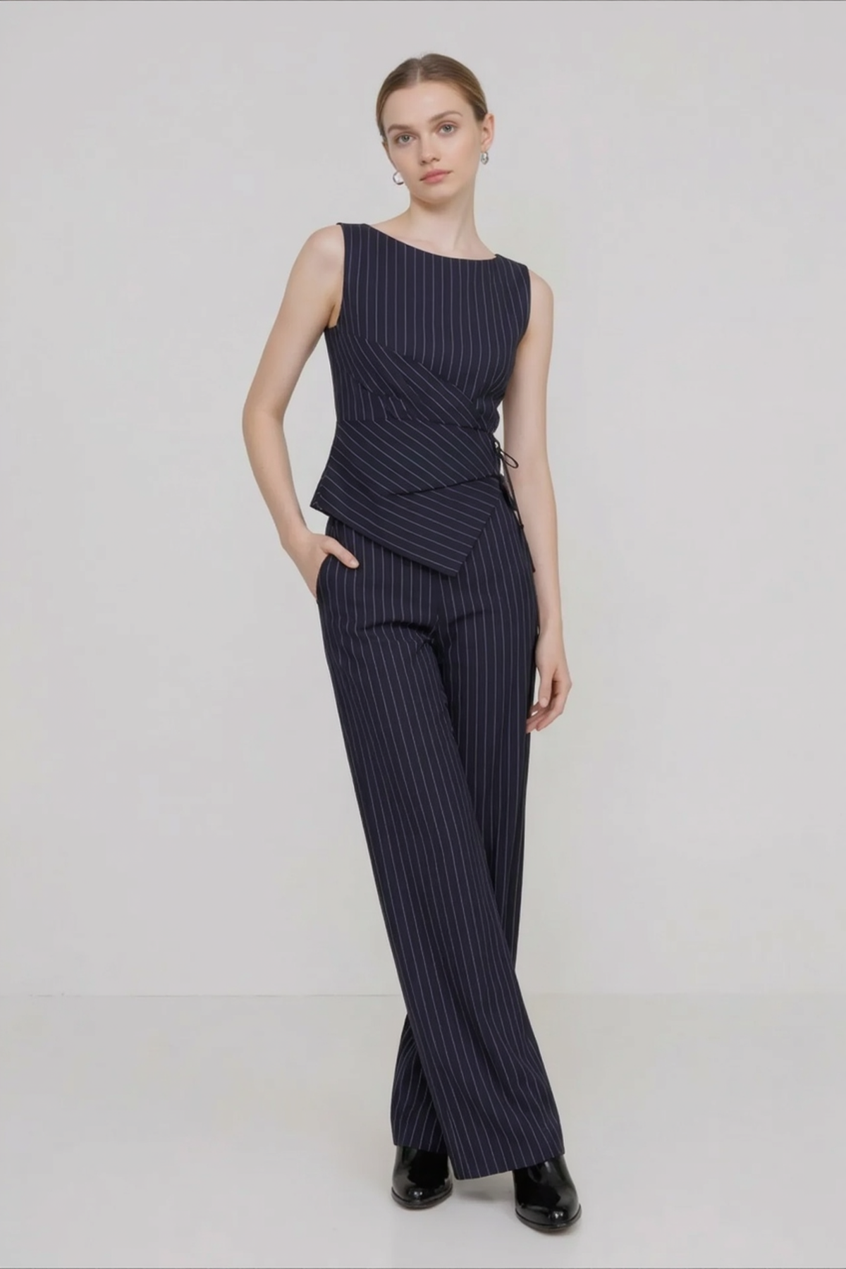 Stripe Asymmetric Sleeveless Top Straight Work Set