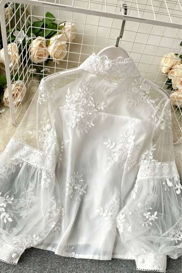 French Retro Mesh Embroidered Lace Stand Collar Puff Sleeve Blouse