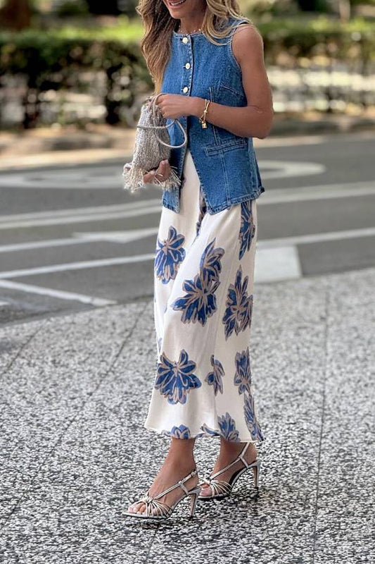 Vintage Blue and Gold Floral Satin Midi Skirt