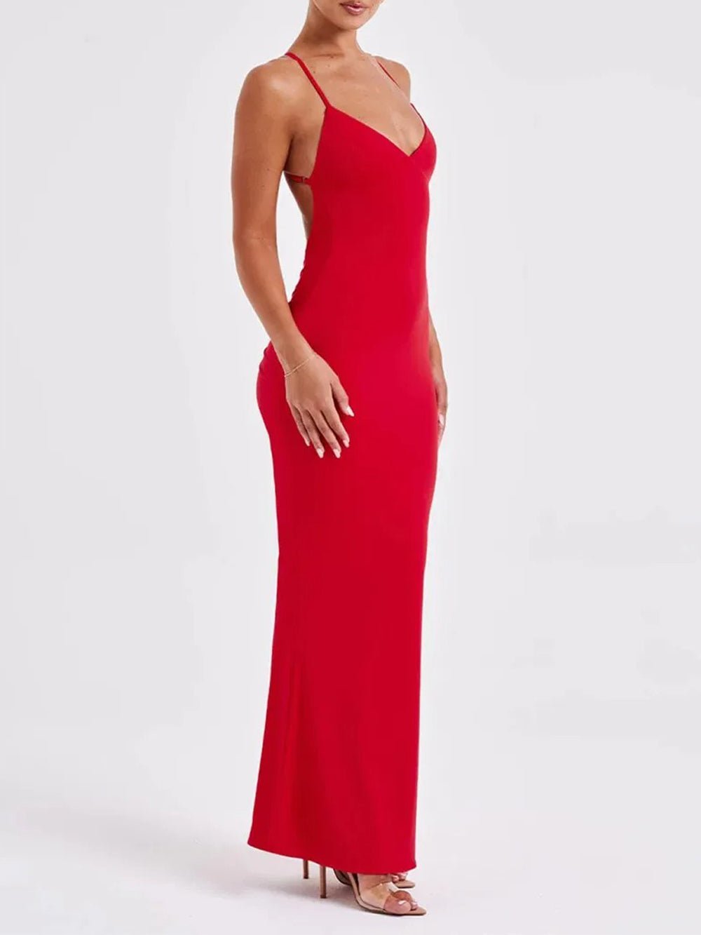 Deep V-Neck Spaghetti Strap Cross Back Mermaid Maxi Dress