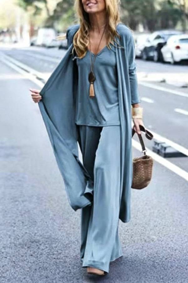 Casual Flowy 3‑Piece Set, Long Cardigan + V‑Neck Top + Wide‑Leg Pants