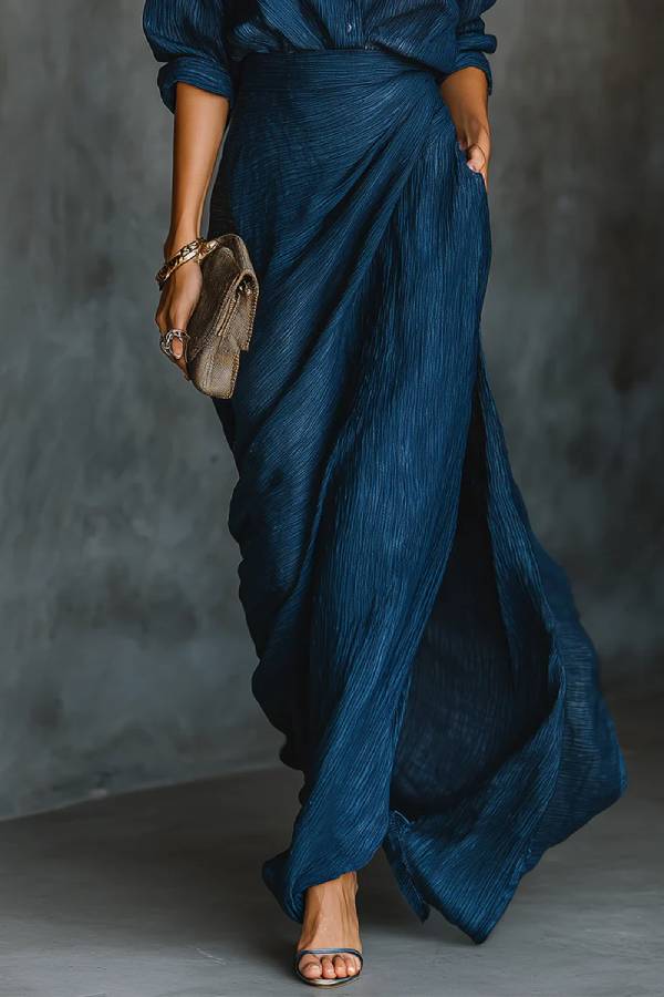 Elegant Dark Blue Cotton And Linen Blend Shirt Long Skirt Set