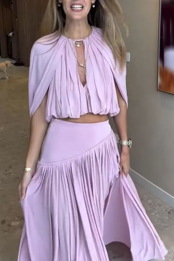 Venus Cutout Neck Slit Sleeve Crop Ruched Top and High Rise Pleated Maxi Skirt Set