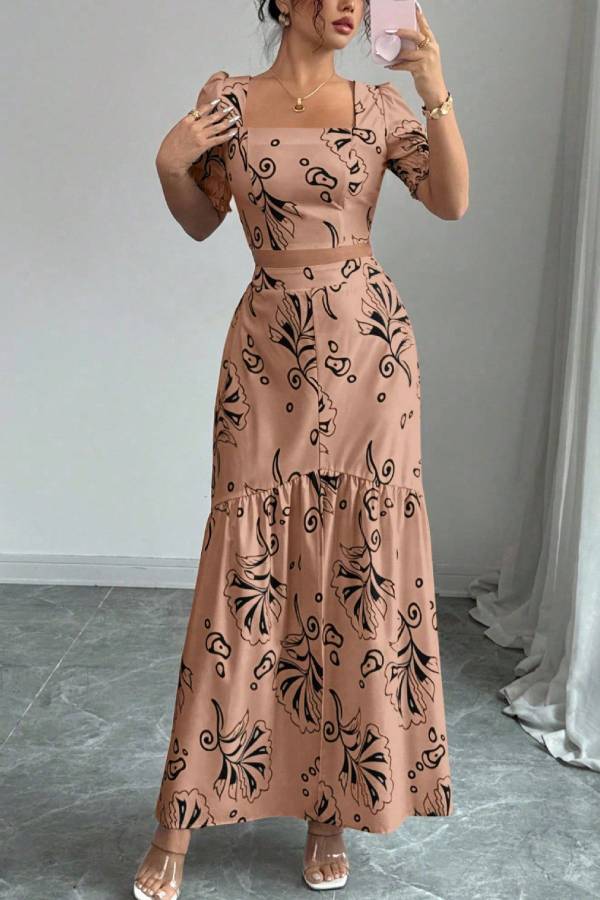 Square Neck Puff Sleeve Printed Crop Top & Ruffle Hem Slit Maxi Skirt Two-Piece Set