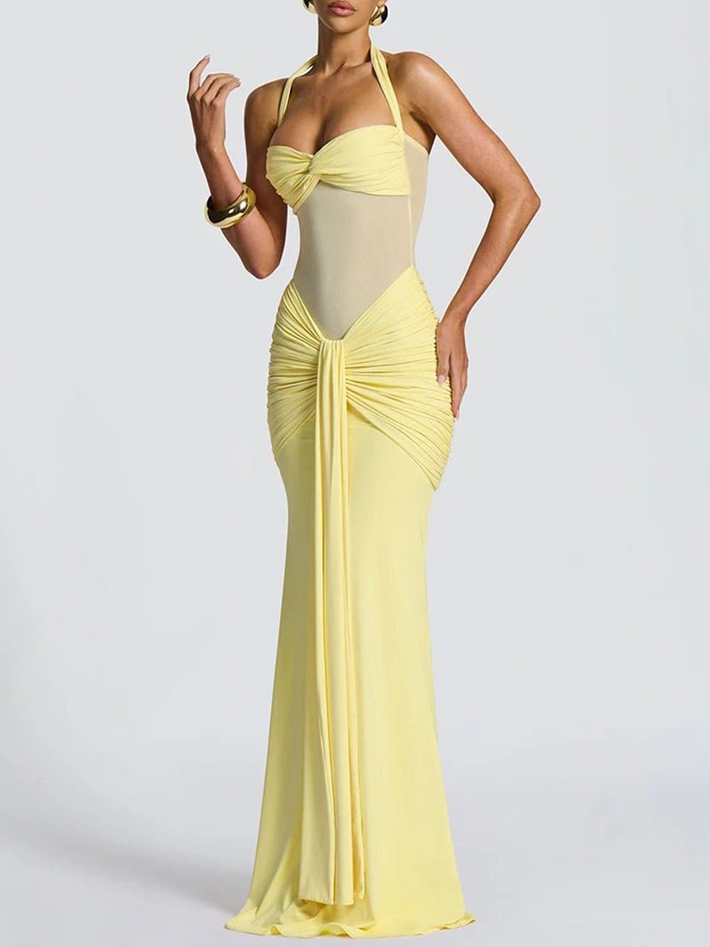 Halter Neck Sweetheart Mesh Midriff Ruched Front Drape Maxi Dress
