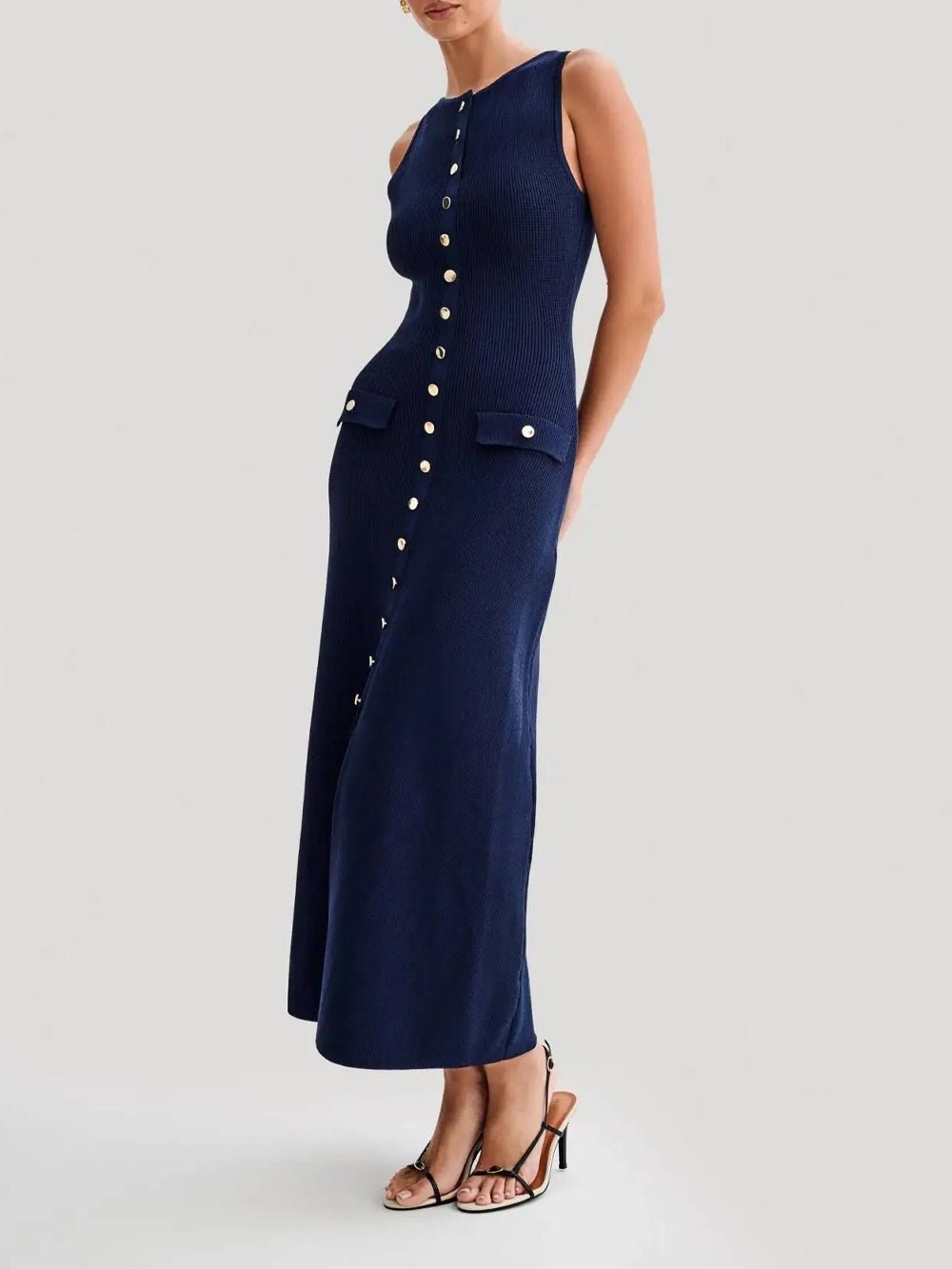 Knit Ribbed Sleeveless Button Front Mock Pocket Midi Dress