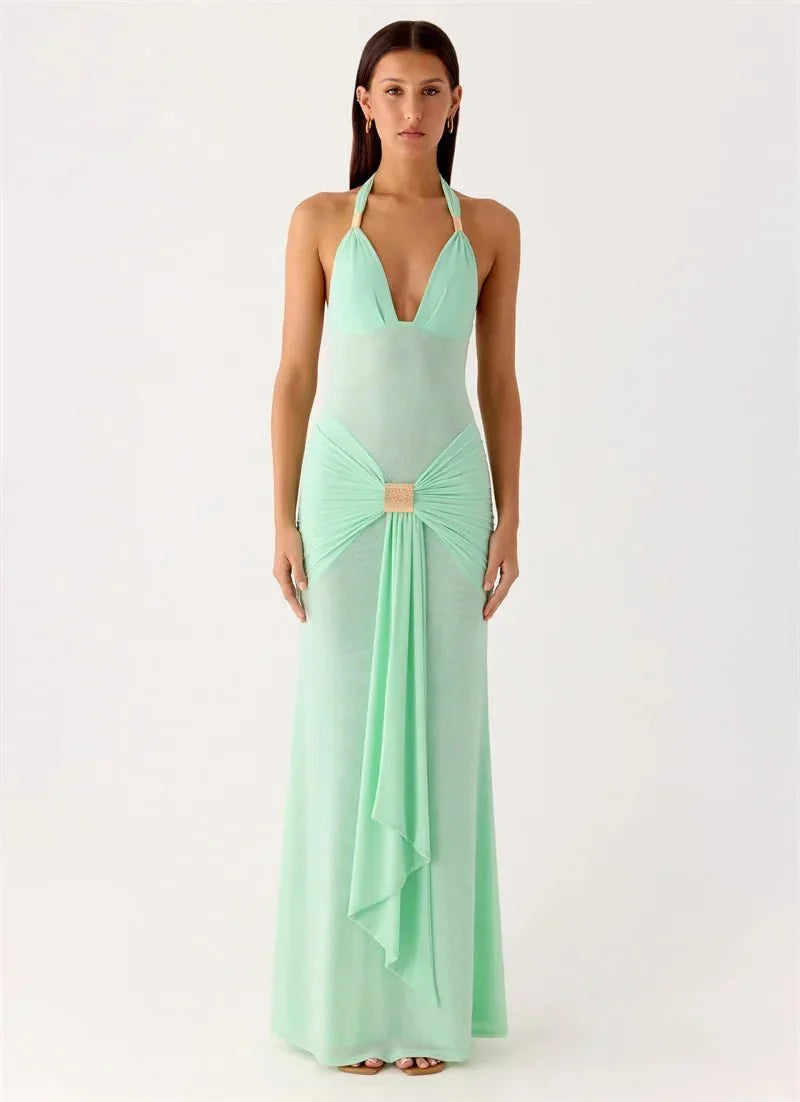 Green Mesh Halter Neck Deep V-Neck Ruched Buckle Draped Panel Column Maxi Gown