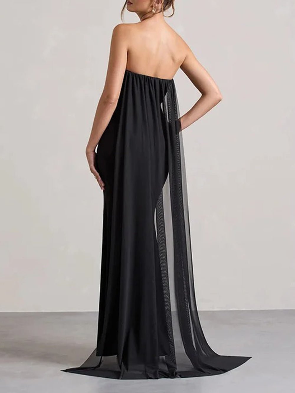 Strapless Rosette Waist Ruched Drape High Split Chiffon Cape Train Mermaid Maxi Gown