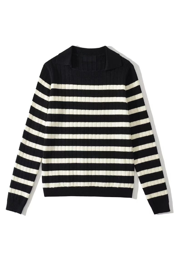 Lapel Loose Casual Striped Knit Sweater