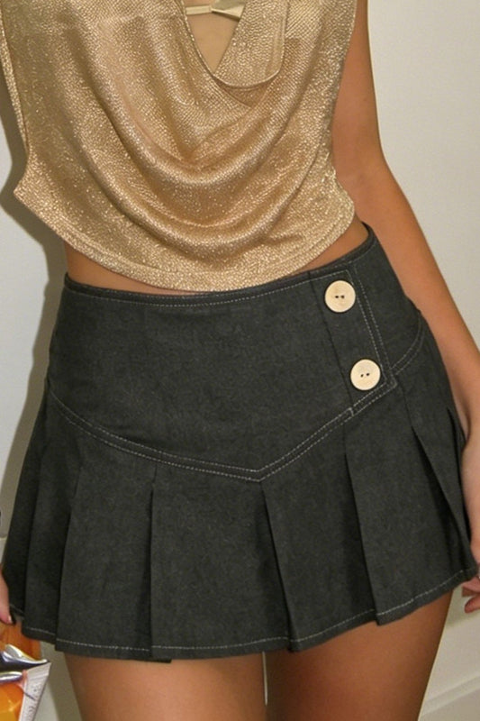 Buttoned Pleated Denim Mini Skirt