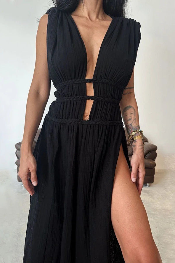 Chic slit braided lace-up cotton and linen dress