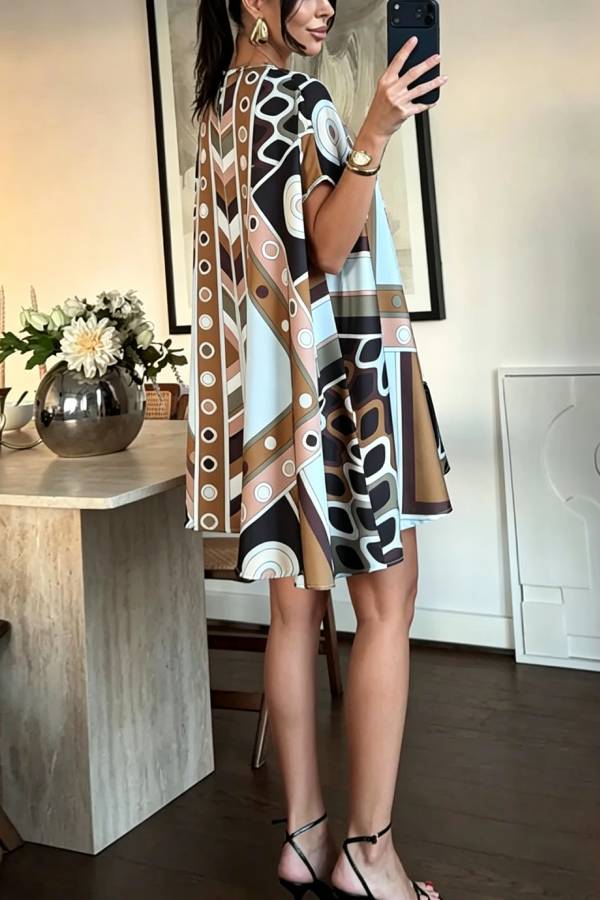 Jaylene Satin Unique Artistic Print Short Sleeve Loose-fitting Mini Dress