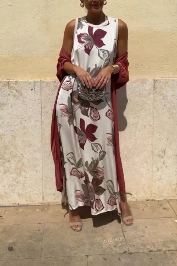 Sleeveless Printed Maxi Dress + Longline Cardigan Cover-Up Set