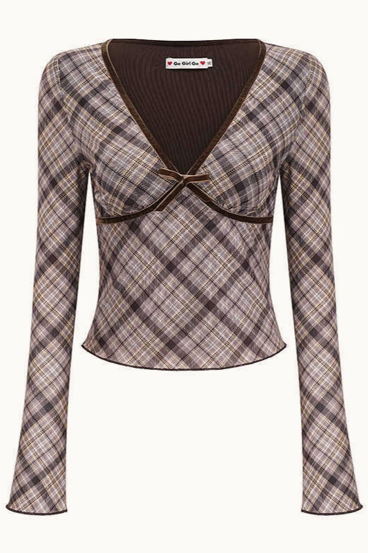 Deep V Neck Plaid Bodycon Cropped Long Sleeve Tee