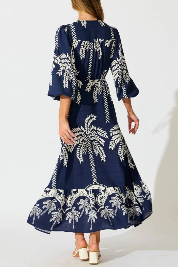 Tropical Palm Print V-Neck Waisted Maxi Dress