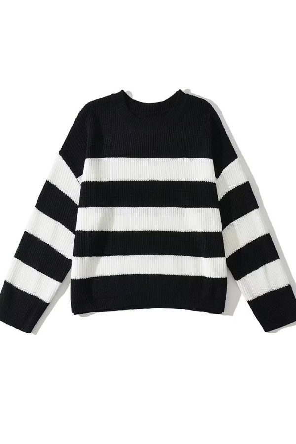 Loose-fitting, Versatile Striped Contrast-color Pullover Knitted Sweater